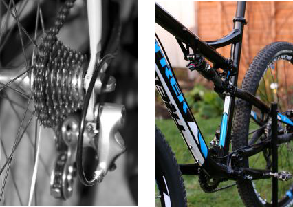 A close up of the rear derailleur and front wheel.