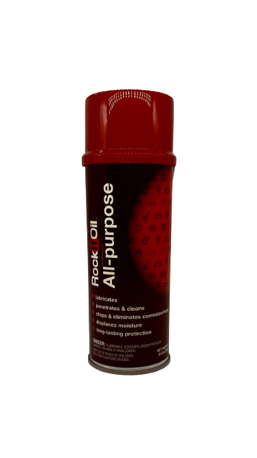 A red spray can with black writing on it.