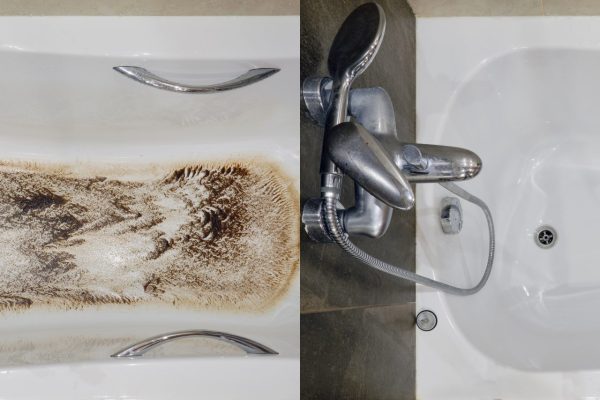 A sink and tub with dirt on the floor