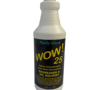 A bottle of WOW! 25 citrus degreaser and oil solver cleaner.